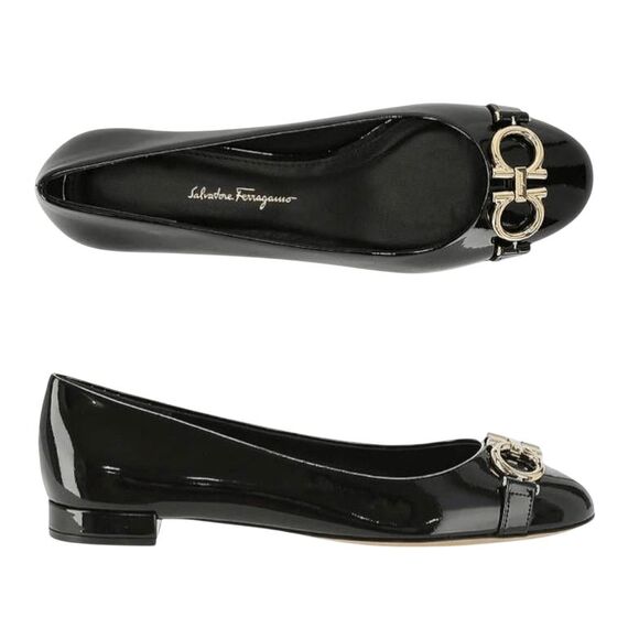 SALVATORE FERRAGAMO Garda Black Patent Leather Flats Size 10B - Picture 1 of 11